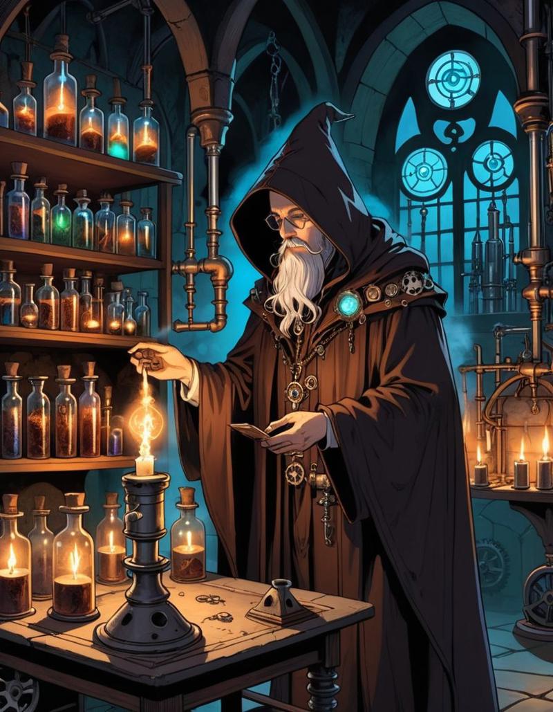 25344-490210853-Graphic novel illustration art nouveau style, An necromancer wizard conducting prohibited magical experiments in a gothic steamp.jpg